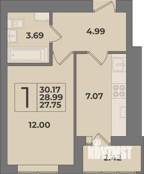 1-к квартира, вторичка, 30м2, 6/9 этаж