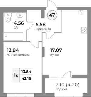 1-к квартира, строящийся дом, 43м2, 4/7 этаж
