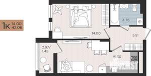 1-к квартира, вторичка, 42м2, 6/10 этаж