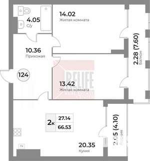 2-к квартира, строящийся дом, 67м2, 2/7 этаж