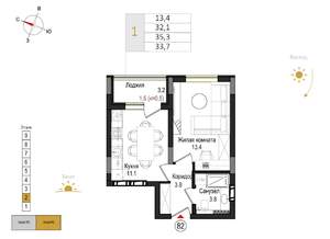 1-к квартира, вторичка, 34м2, 2/9 этаж