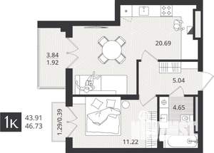 1-к квартира, сданный дом, 44м2, 4/4 этаж