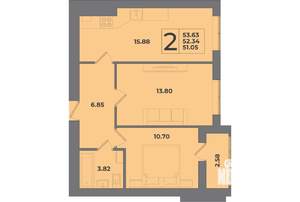 2-к квартира, строящийся дом, 54м2, 7/8 этаж