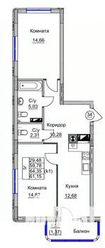 2-к квартира, вторичка, 61м2, 5/9 этаж