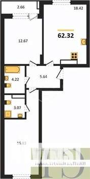 2-к квартира, вторичка, 62м2, 2/9 этаж