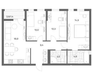 3-к квартира, строящийся дом, 72м2, 4/18 этаж