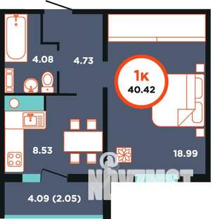 1-к квартира, строящийся дом, 40м2, 4/9 этаж
