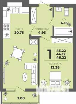 1-к квартира, вторичка, 44м2, 1/8 этаж