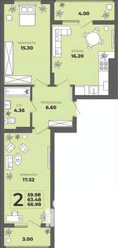 2-к квартира, строящийся дом, 63м2, 6/8 этаж