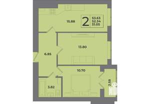 2-к квартира, строящийся дом, 54м2, 6/8 этаж