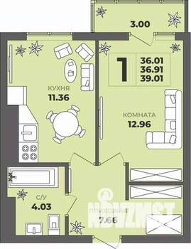 1-к квартира, строящийся дом, 37м2, 8/8 этаж