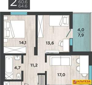 2-к квартира, сданный дом, 65м2, 5/8 этаж