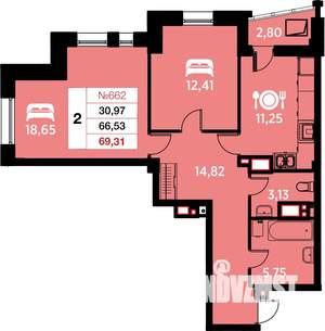 2-к квартира, вторичка, 69м2, 24/25 этаж