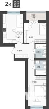 2-к квартира, строящийся дом, 61м2, 8/10 этаж