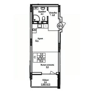 Студия квартира, вторичка, 34м2, 6/9 этаж