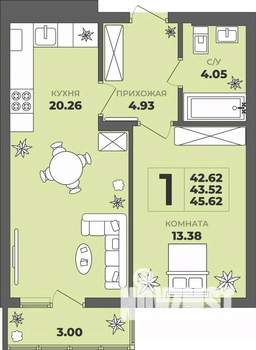 1-к квартира, строящийся дом, 44м2, 2/8 этаж
