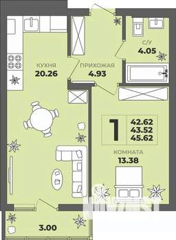 1-к квартира, строящийся дом, 44м2, 5/8 этаж