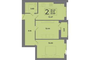 2-к квартира, строящийся дом, 56м2, 1/8 этаж