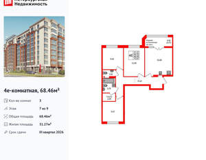 3-к квартира, вторичка, 68м2, 7/9 этаж