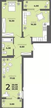 2-к квартира, строящийся дом, 63м2, 4/8 этаж