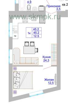 1-к квартира, вторичка, 45м2, 1/8 этаж