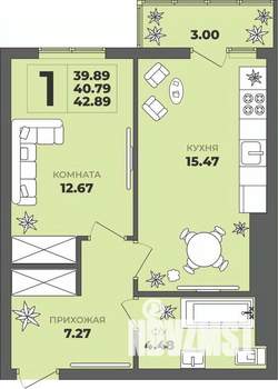 1-к квартира, строящийся дом, 41м2, 6/8 этаж