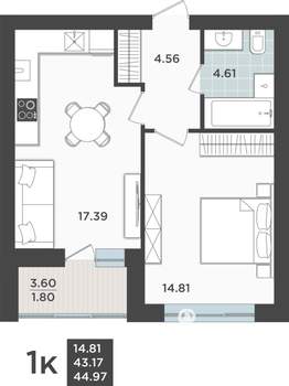 1-к квартира, строящийся дом, 43м2, 1/9 этаж