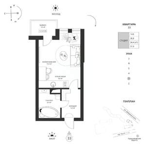 Студия квартира, вторичка, 32м2, 3/7 этаж