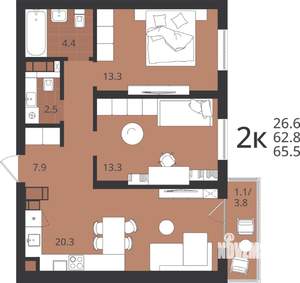 2-к квартира, вторичка, 63м2, 9/9 этаж
