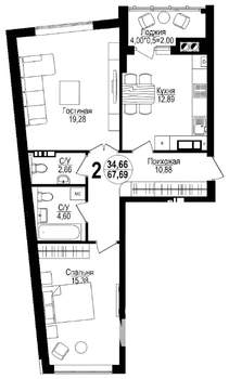 2-к квартира, вторичка, 67м2, 7/16 этаж