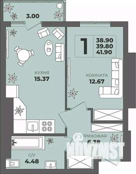 1-к квартира, строящийся дом, 40м2, 8/8 этаж