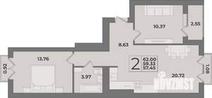 2-к квартира, вторичка, 62м2, 9/9 этаж