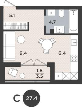 1-к квартира, вторичка, 27м2, 1/9 этаж