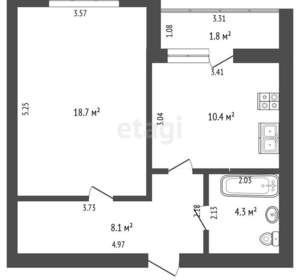 1-к квартира, вторичка, 42м2, 5/5 этаж