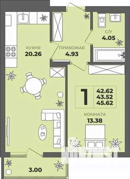1-к квартира, строящийся дом, 44м2, 5/8 этаж