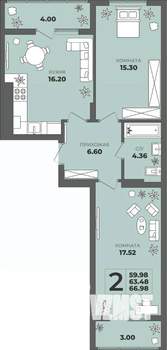 2-к квартира, строящийся дом, 63м2, 3/8 этаж