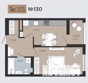 1-к квартира, строящийся дом, 40м2, 3/10 этаж