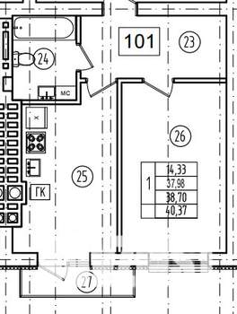 1-к квартира, строящийся дом, 39м2, 7/9 этаж