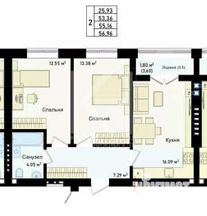 2-к квартира, сданный дом, 54м2, 4/4 этаж