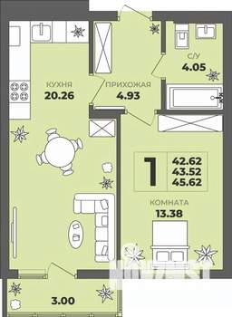 1-к квартира, строящийся дом, 44м2, 7/8 этаж
