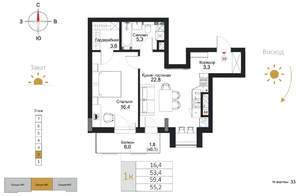 1-к квартира, строящийся дом, 55м2, 2/7 этаж