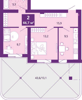 2-к квартира, сданный дом, 67м2, 1/4 этаж
