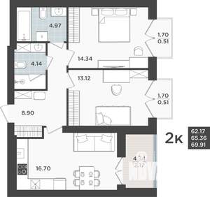 2-к квартира, строящийся дом, 65м2, 10/10 этаж