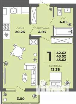 1-к квартира, строящийся дом, 44м2, 4/8 этаж