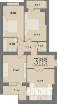 3-к квартира, строящийся дом, 79м2, 1/9 этаж