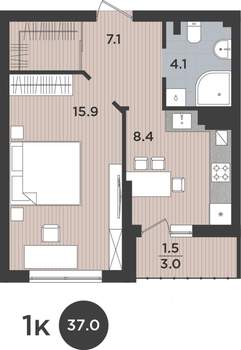 1-к квартира, вторичка, 37м2, 1/9 этаж