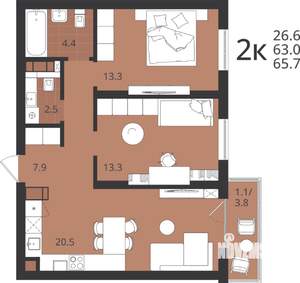 2-к квартира, вторичка, 63м2, 3/9 этаж