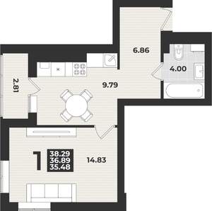 1-к квартира, вторичка, 38м2, 3/9 этаж