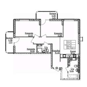 3-к квартира, строящийся дом, 80м2, 5/9 этаж