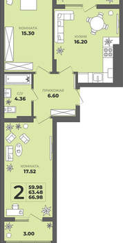 2-к квартира, строящийся дом, 63м2, 4/8 этаж